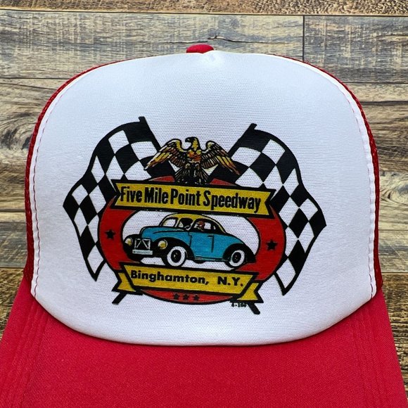 Five Mile Point Speedway Mens Trucker Hat Red Snapback Binghamton NY Race Track - Picture 2 of 7